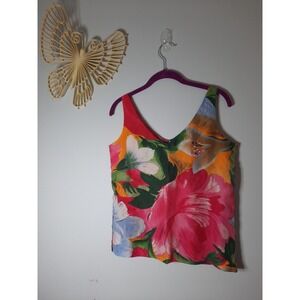 Express Vintage 100% Silk Tropical Floral V-Neck Tank Top Pink Orange XS 0